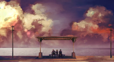 HD desktop wallpaper featuring Satoru Gojo, Shoko Ieiri, and Suguru Geto from the anime Jujutsu Kaisen, sitting under a shelter by the ocean at sunset with dramatic, colorful clouds overhead.
