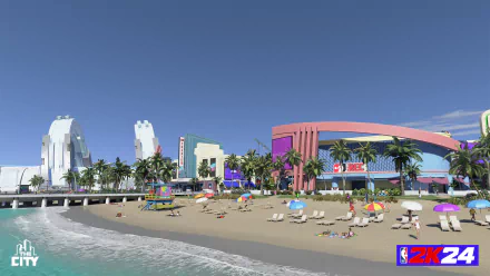 HD desktop wallpaper featuring NBA 2K24 with a vibrant beachside setting, showcasing a virtual seaside cityscape with buildings and beachgoers.