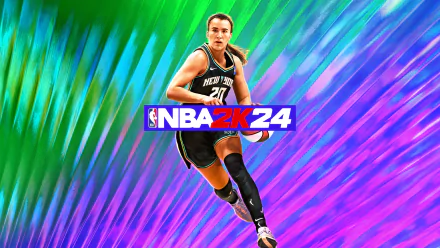 NBA 2K24 basketball video game HD desktop wallpaper featuring a dynamic player with a vibrant abstract background.