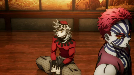 HD PC desktop wallpaper featuring anime characters from Demon Slayer: Kimetsu no Yaiba in a dimly lit traditional room, highlighting detailed costumes and expressions.