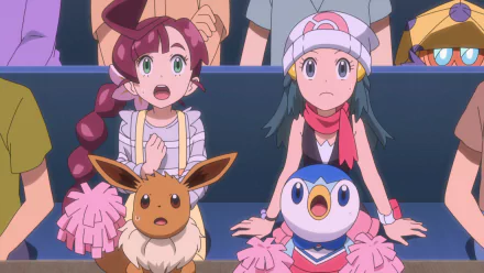 HD wallpaper from Pokémon Ultimate Journeys with Chloe, Eevee, Dawn, and Piplup, expressing surprise at an event.