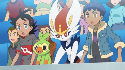 A high-definition wallpaper from Pokémon Ultimate Journeys: The Series, featuring Goh, his Pokémon, and friends watching an exciting battle in the crowd.