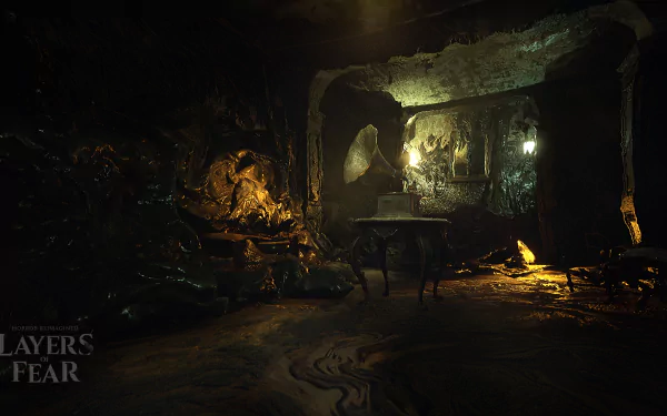 HD desktop wallpaper featuring a scene from the video game Layers of Fear, depicting a dimly lit room with eerie, distorted decor.