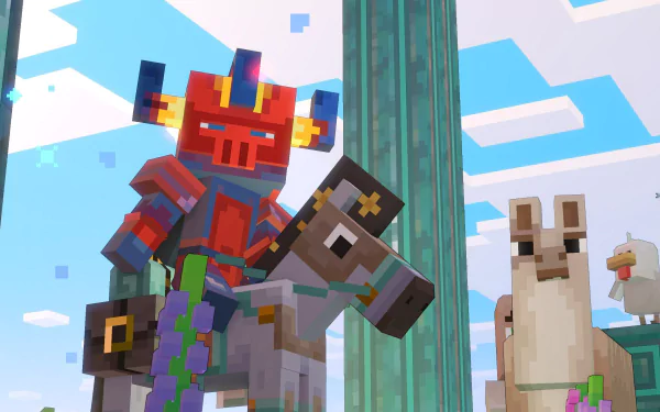 HD wallpaper of Minecraft Legends featuring a character and creatures in a vibrant Minecraft world.
