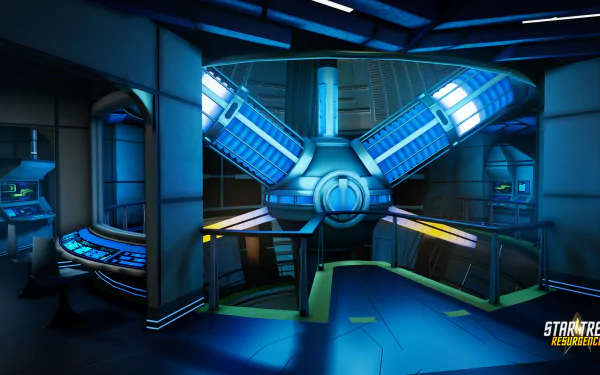 A futuristic interior scene from the video game Star Trek: Resurgence, featuring a high-tech control room with glowing blue lights and sleek design elements. HD desktop wallpaper.
