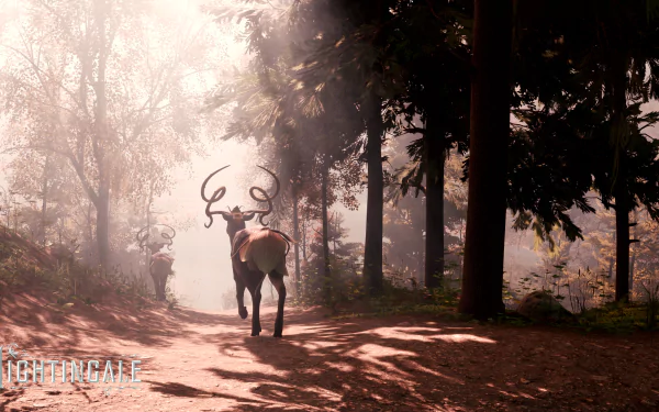 A captivating HD wallpaper from the video game Nightingale, featuring a majestic deer walking down a sun-dappled forest path, surrounded by ethereal light and lush greenery.