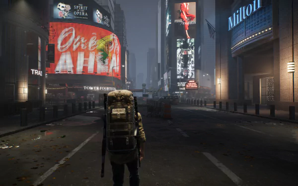 HD wallpaper featuring a scene from The Day Before with a lone survivor walking through a desolate, foggy city street lined with illuminated billboards.