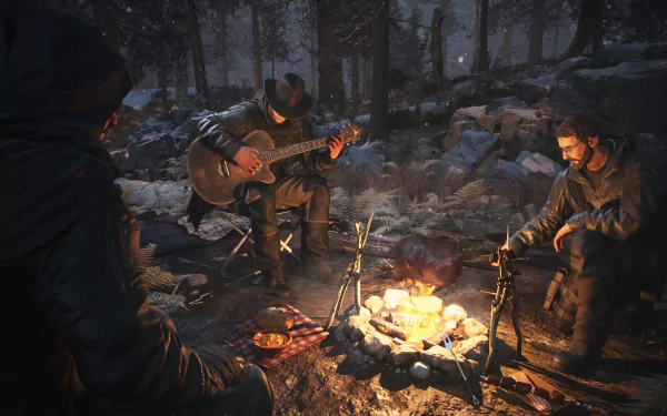 HD wallpaper of a serene campfire scene from The Day Before game, featuring characters playing guitar and relaxing.