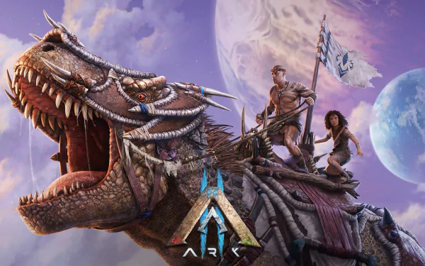 HD desktop wallpaper featuring characters riding a dragon with the Ark 2 logo.