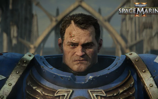 A high-definition wallpaper featuring a character from Warhammer 40,000: Space Marine II, showcasing detailed armor and a stern expression against a dramatic background.