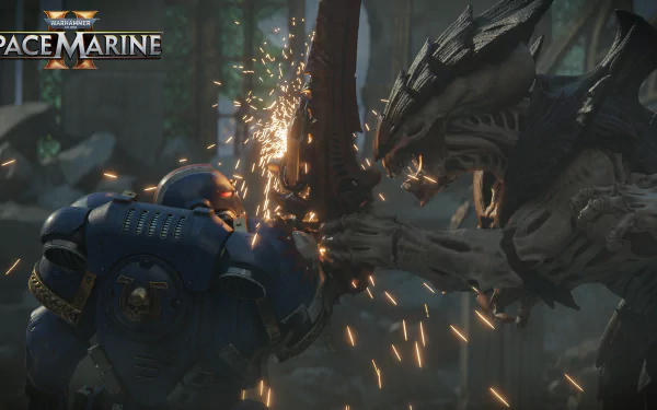 A thrilling scene from Warhammer 40,000: Space Marine II, featuring a Space Marine clashing with a monstrous foe amid flying sparks in a dynamic, HD wallpaper.
