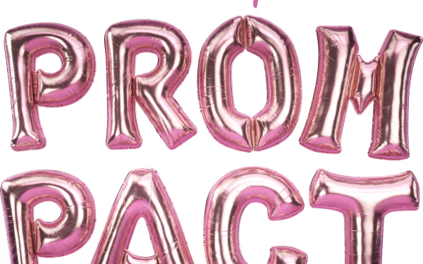 HD desktop wallpaper featuring pink metallic balloon letters spelling 'PROM PACT' for a festive and celebratory background theme.