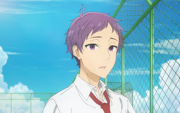 HD Horimiya: The Missing Pieces anime wallpaper featuring a character with purple hair in school uniform, with a sky-blue background for desktops.