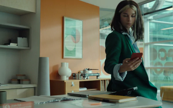 Alt Text: HD wallpaper featuring a scene from Black Mirror with actress Annie Murphy wearing a green coat, focused on her phone in a modern office setting with warm pastel tones.