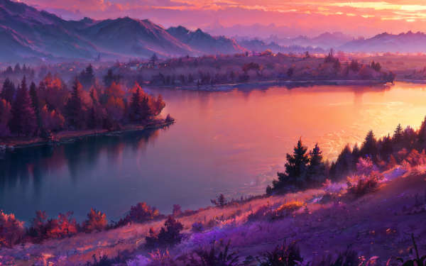 Fantasy Landscape River Sunset Purple HD Wallpaper | Background Image