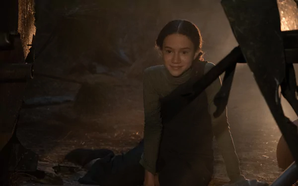 HD desktop wallpaper featuring a young girl peeking from behind a dark, rugged structure in a mysterious setting, tagged with #65 for a captivating background theme.