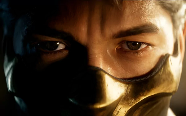 HD wallpaper featuring close-up of a Mortal Kombat ninja character in golden mask for desktop background.