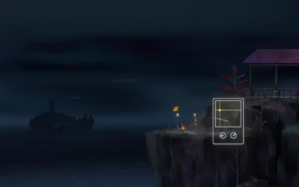 HD desktop wallpaper featuring a mysterious scene from Oxenfree II: Lost Signals with atmospheric coastal cliffs and ghostly silhouettes in the background.