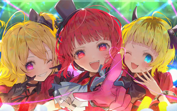 HD anime wallpaper featuring Mem-Cho, Kana Arima, and Ruby Hoshino from Oshi no Ko, showcasing vibrant colors and dynamic expressions.