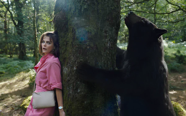 HD wallpaper of a surprised woman in a pink jacket standing next to a bear sniffing a tree trunk in a forest, tagged with Cocaine Bear.