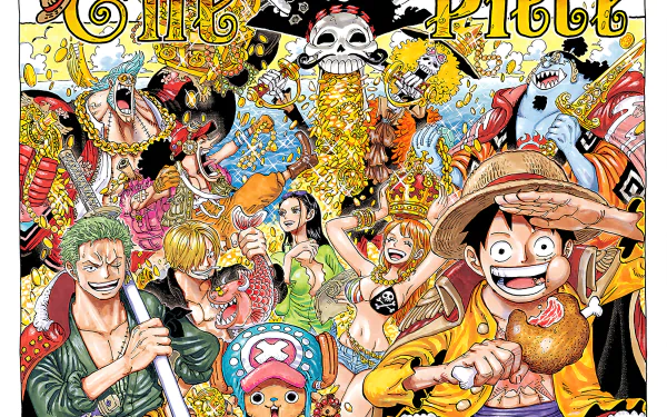 HD desktop wallpaper featuring colorful One Piece anime characters, including Luffy and other pirates, in a lively, detailed illustration.
