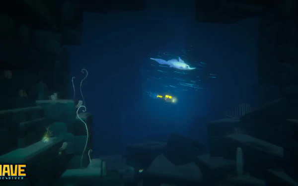 HD wallpaper from the video game Dave the Diver, featuring an underwater scene with a yellow submersible and marine life amidst rocky formations and vibrant blue waters.