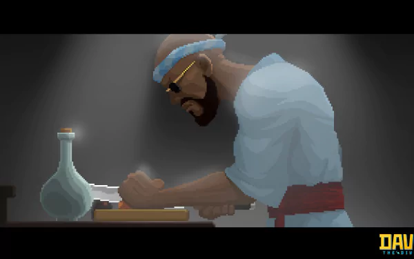 Animated character of Dave the Diver preparing equipment in a stylized HD desktop wallpaper with a faded logo in the corner.