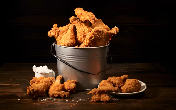 A bucket overflowing with crispy fried chicken, surrounded by pieces on a plate and scattered on a wooden table, serves as an enticing HD desktop wallpaper.