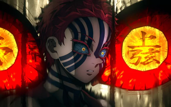 HD anime desktop wallpaper featuring Kokushibo and Akaza from Demon Slayer: Kimetsu no Yaiba with intense expressions and vibrant red and black tones.
