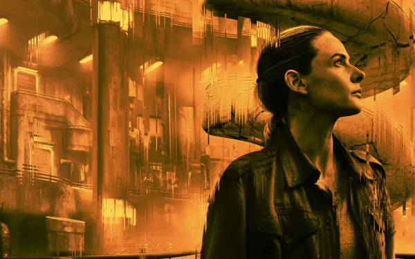 4K Ultra HD desktop wallpaper featuring a woman looking up amid futuristic, industrial silo structures inspired by the TV show Silo.