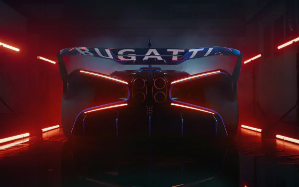 Rear view of a Bugatti Bolide in a dark, neon-lit setting, showcased as a 4K Ultra HD PC desktop wallpaper and background.