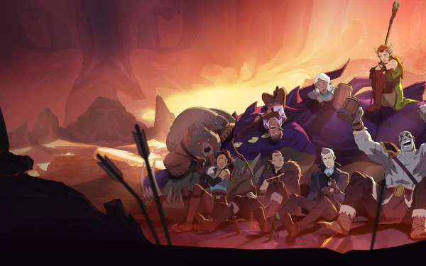 HD PC desktop wallpaper from the TV show The Legend of Vox Machina: the party huddled in a glowing cavern at sunset, weapons and gear scattered as they rest.