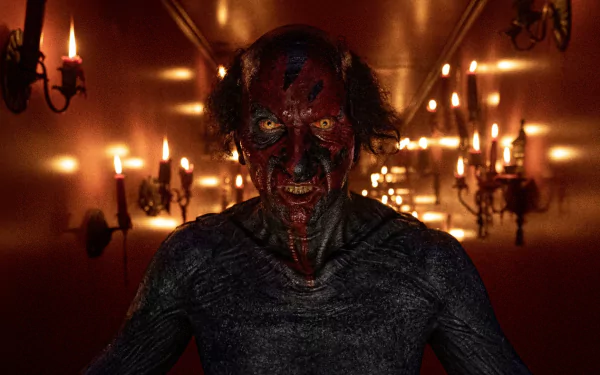 HD desktop wallpaper featuring a menacing figure from 'Insidious: The Red Door' with a chilling red face standing ominously in a dimly lit room with candle sconces.