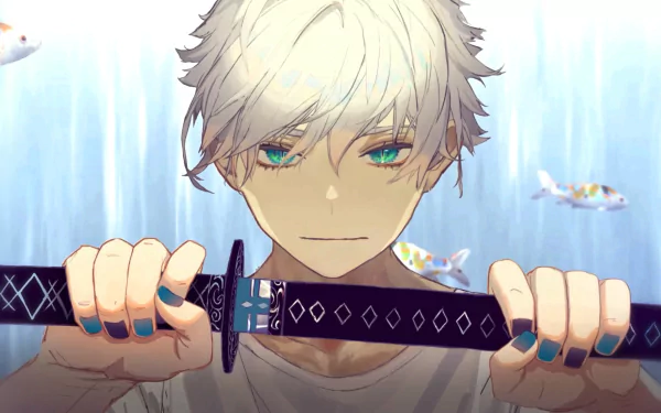 Anime samurai boy with glowing eyes grips a katana underwater, surrounded by koi fish, rendered in vivid 4K Ultra HD as a striking desktop wallpaper.
