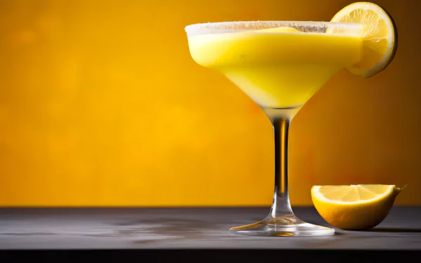 HD desktop wallpaper featuring a vibrant yellow Daiquiri in a cocktail glass, garnished with a lemon slice, set against a warm yellow backdrop.