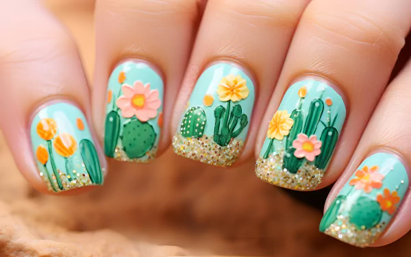 A close-up of a woman’s manicured nails featuring colorful summer-themed designs with cacti and flowers, set against a bright background, creating a vibrant HD wallpaper.