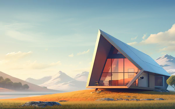 HD wallpaper of a modern tiny house with a geometric design, set in a serene landscape with distant mountains under a clear sky.