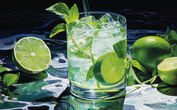 A refreshing mojito cocktail features mint and lime, served in a glass with ice, complemented by vibrant lime halves nearby. This HD image serves as an enticing desktop wallpaper.