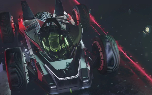 HD desktop wallpaper featuring a futuristic sci-fi vehicle with large wheels and glowing elements, set in a neon-lit environment.