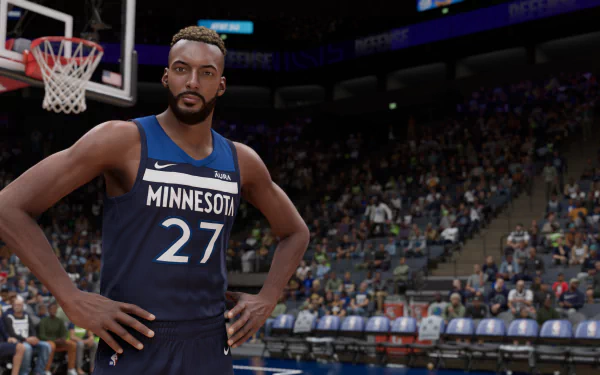 HD desktop wallpaper featuring a basketball player from NBA 2K23 game, in a Minnesota Timberwolves jersey, standing on the court with stadium background.