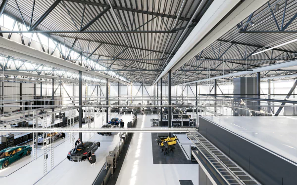 HD desktop wallpaper featuring an interior view of the Koenigsegg Gemera manufacturing facility with multiple vehicles in production.