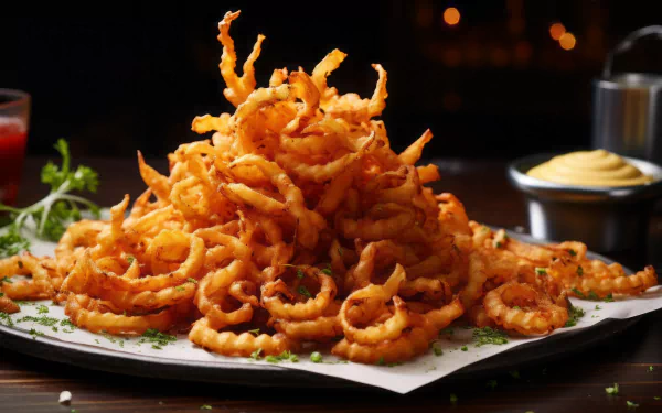 A mouthwatering pile of crispy curly fries garnished with herbs, accompanied by mustard sauce, creates an enticing HD desktop wallpaper background focused on delicious food.