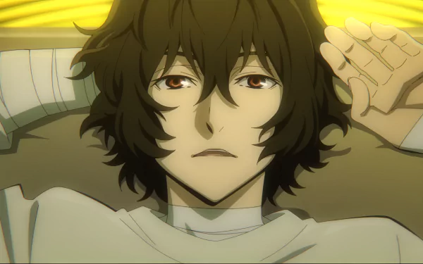 HD wallpaper featuring Osamu Dazai from the anime Bungou Stray Dogs, depicted with a serious expression and warm backlighting.