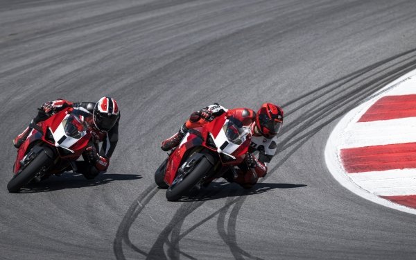 HD desktop wallpaper featuring two Ducati Panigale V4 motorcycles racing on a track with emphasis on the Ducati Panigale V4 R.