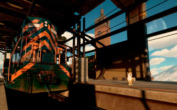 HD desktop wallpaper from the video game Only Up! featuring a futuristic train and platform in a mountainous setting.