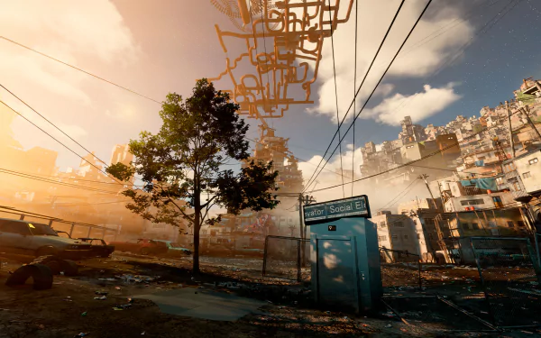 HD desktop wallpaper from the video game Only Up! featuring a dystopian urban scene with glowing sunlight and a blue phone booth.