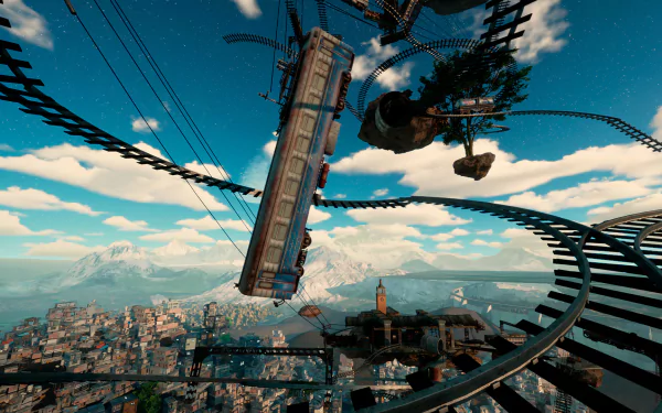 HD desktop wallpaper from the video game Only Up! featuring an upside-down bus on a looped track above a cityscape.