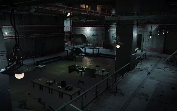 HD desktop wallpaper from the video game Jagged Alliance 3 featuring a dimly-lit, abandoned industrial interior with tables and debris.