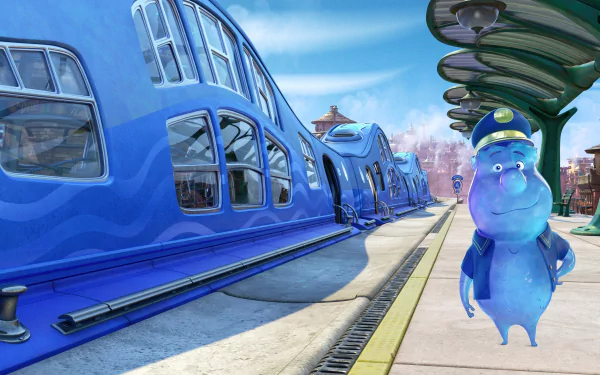 HD desktop wallpaper from the movie Elemental featuring a whimsical blue character standing by futuristic blue trains at a station.