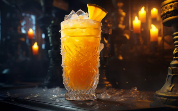 HD wallpaper of a refreshing daiquiri cocktail with ice and a slice of orange, set against a moody backdrop with candlelight, created by AI art.
